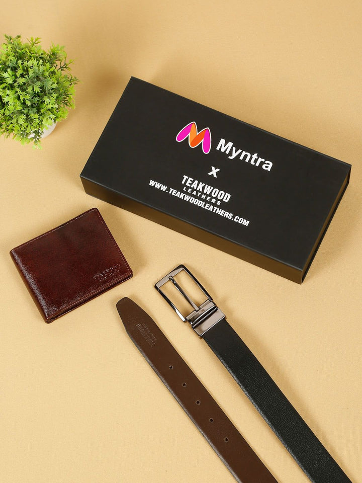 Teakwood Leathers Set Of 2 Men Reversible Leather Belt & Wallet Gift Set