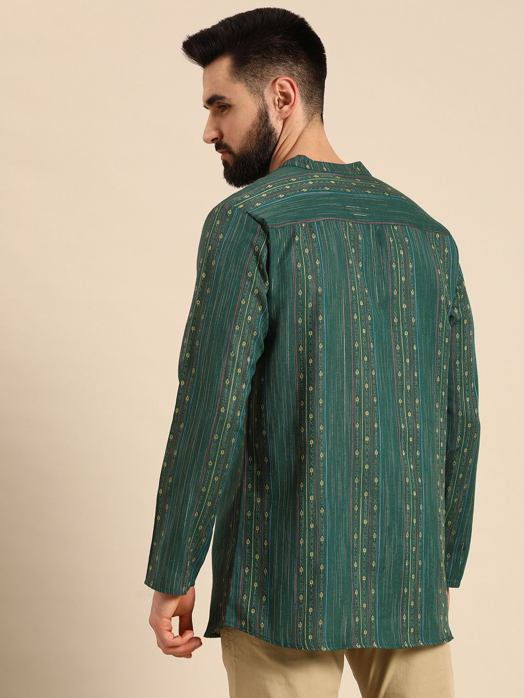 Anouk Men Green & Gold-Toned Striped Thread Work Straight Short Kurta