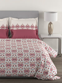 MYTRIDENT White  Red Ethnic Motifs 144 TC Cotton Queen Bedsheet With 2 Pillow Covers