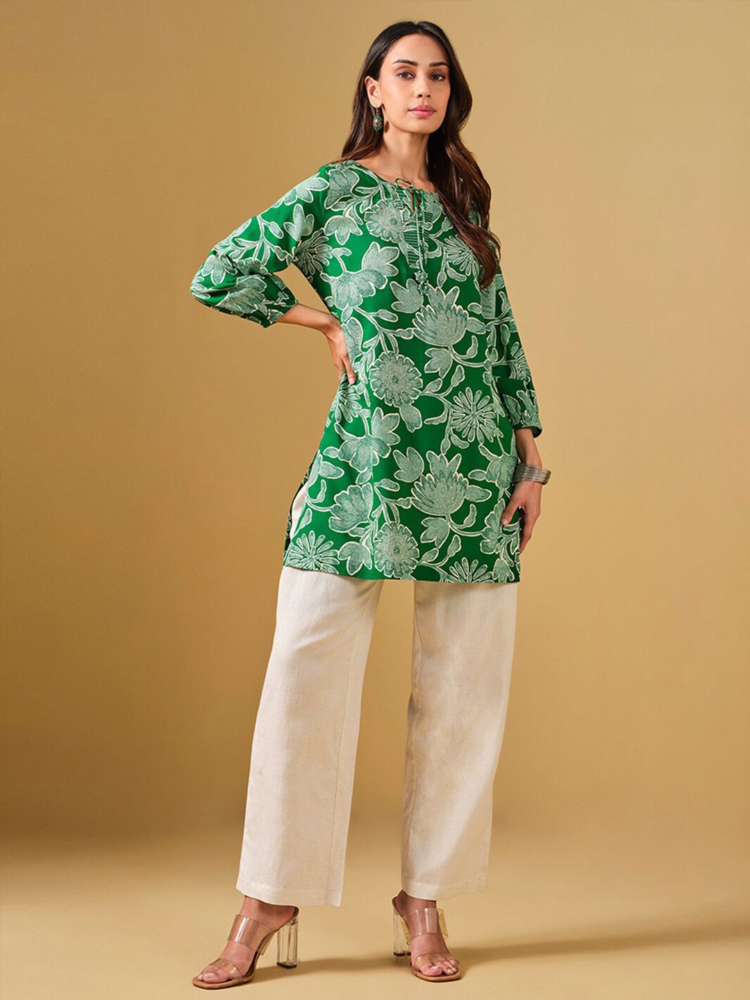 Global Desi Tie-Up Neck Floral Printed Kurti