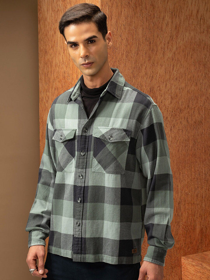 Locomotive Premium Men Green Oversized Dobby Textured Checked Utility Pocket Overshirt