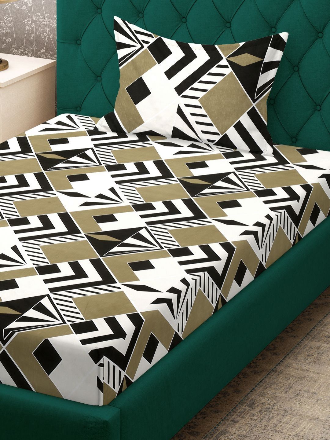 KLOTTHE Putih Elegan Kapas Geometrik 300 TC Cadar Halus Tunggal dengan Sarung Bantal-225 x 150 cm