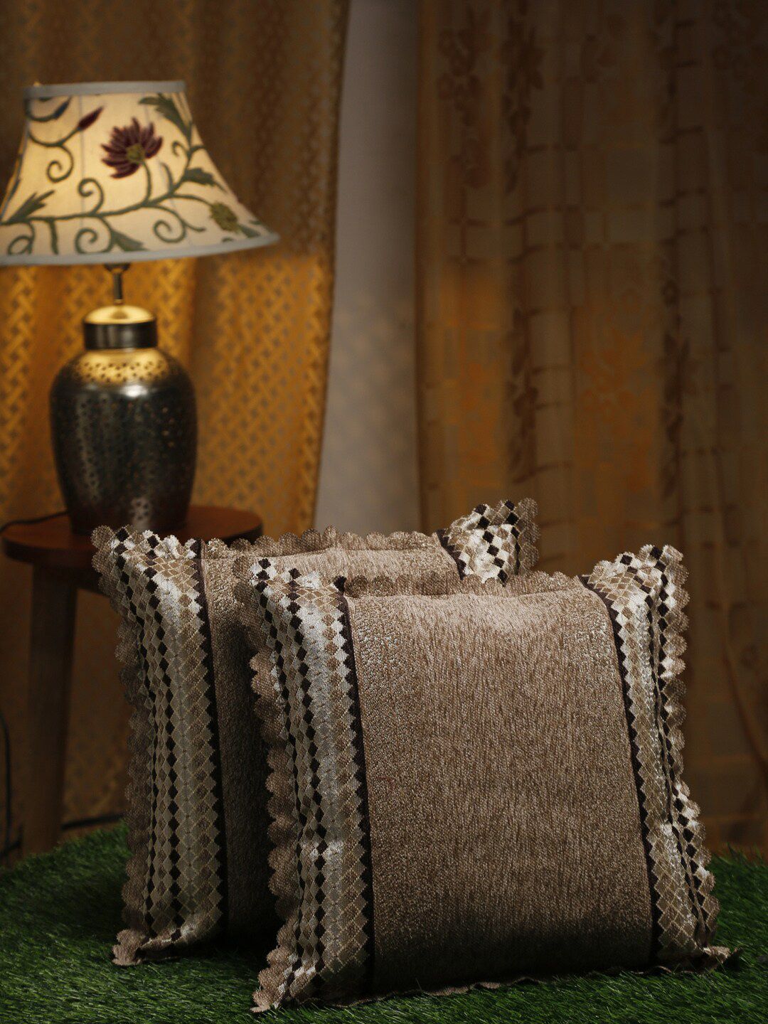 HOSTA HOMES Brown Set of 2 Geometric Velvet Square Cushion Covers