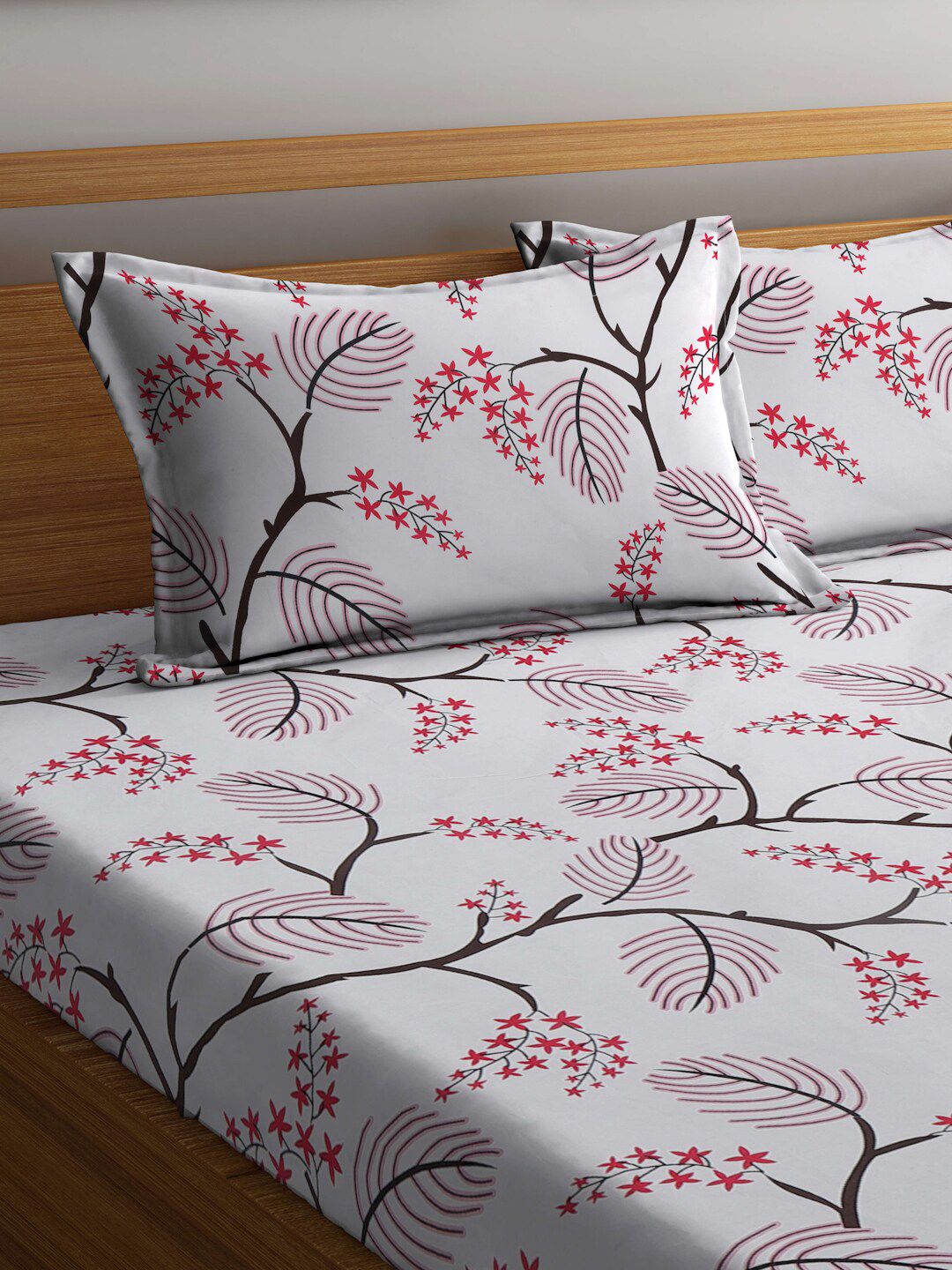 White & Pink Floral Print 300 TC Double King Bedsheet & 2 Pillow Covers