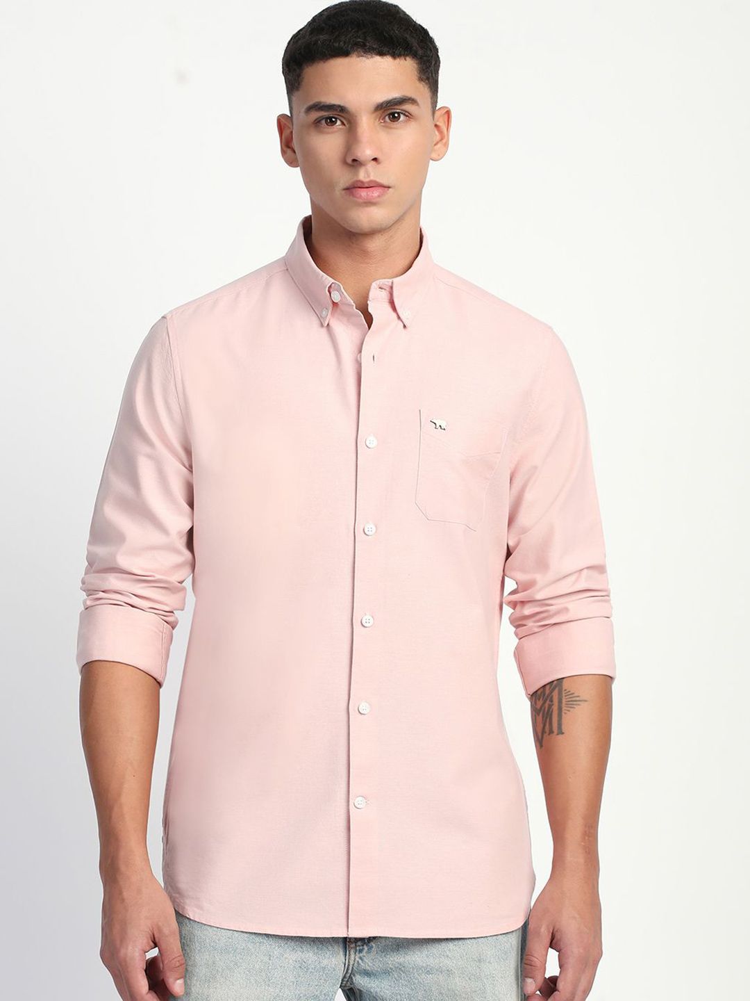 THE BEAR HOUSE Men Slim Fit Button-Down Collar Pure Cotton Solid Casual Shirt