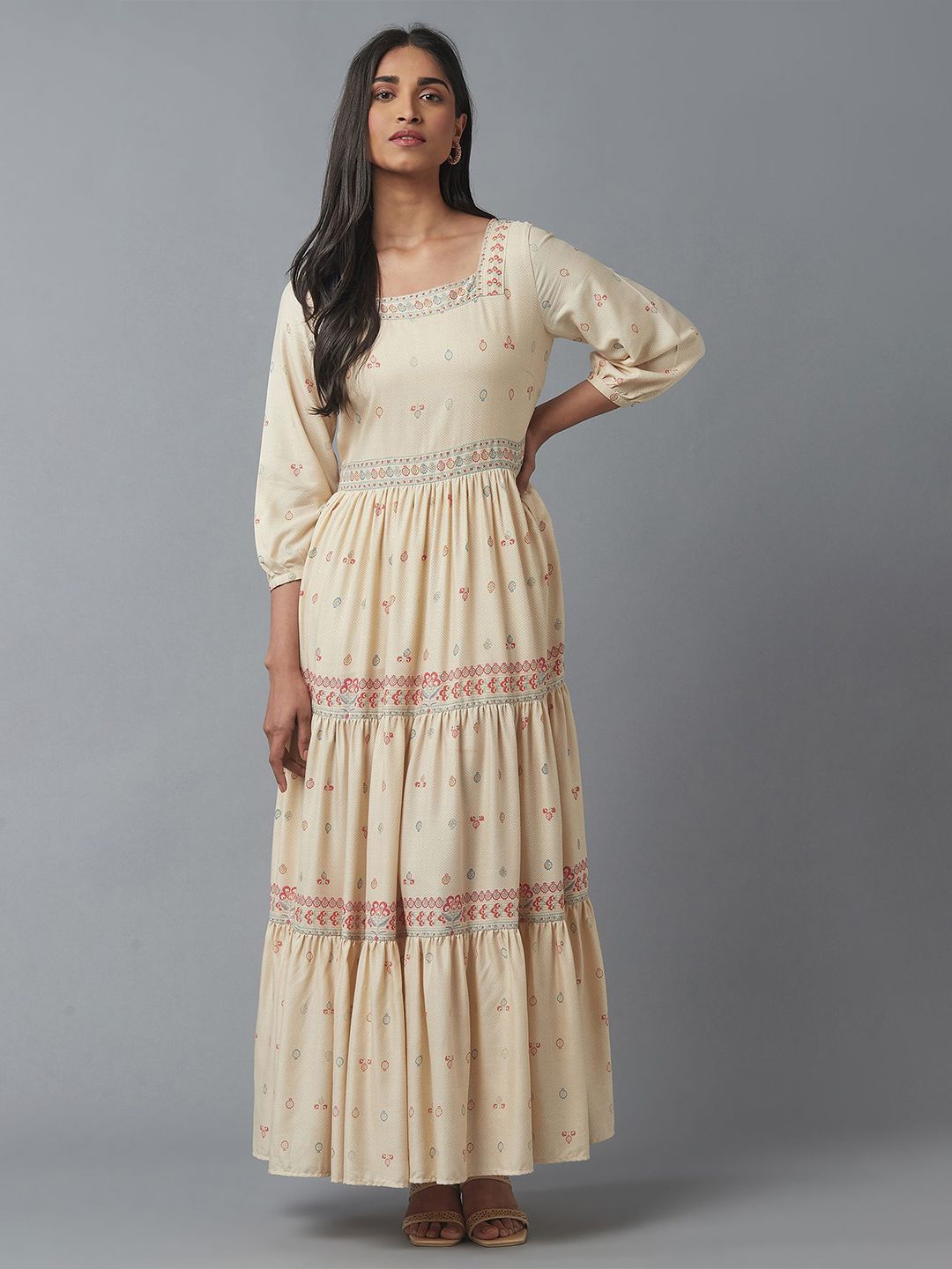 W Beige & Maroon Ethnic Motifs Maxi Dress