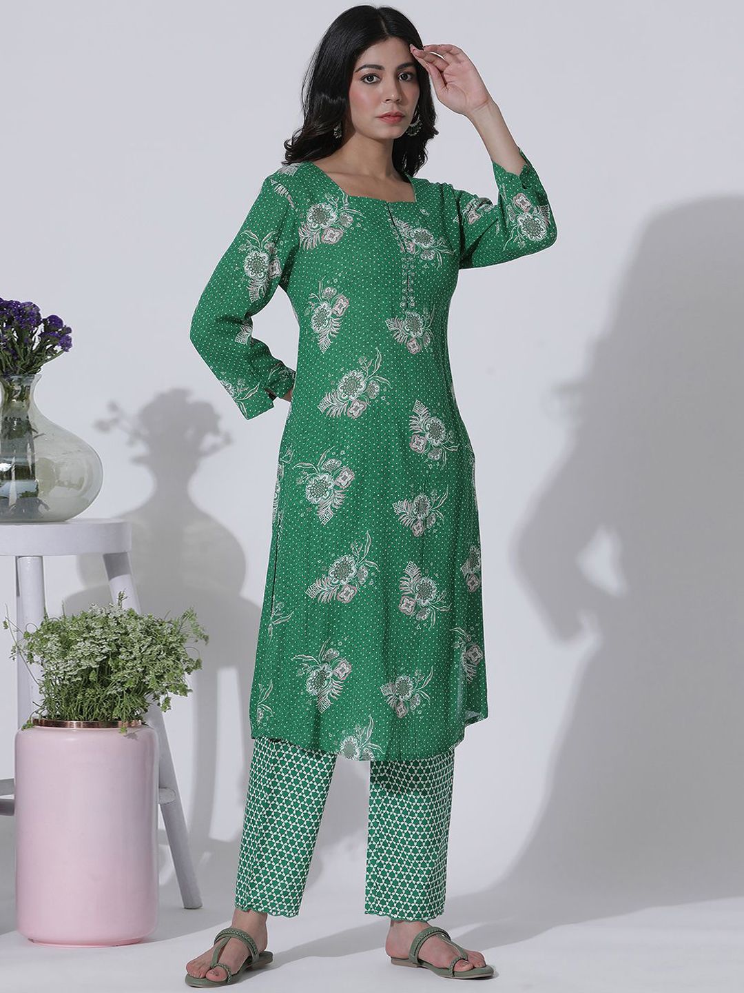 W Floral Printed Regular Mirror Work Straight Kurta with Trousers & With Dupatta