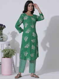W Floral Printed Regular Mirror Work Straight Kurta with Trousers & With Dupatta