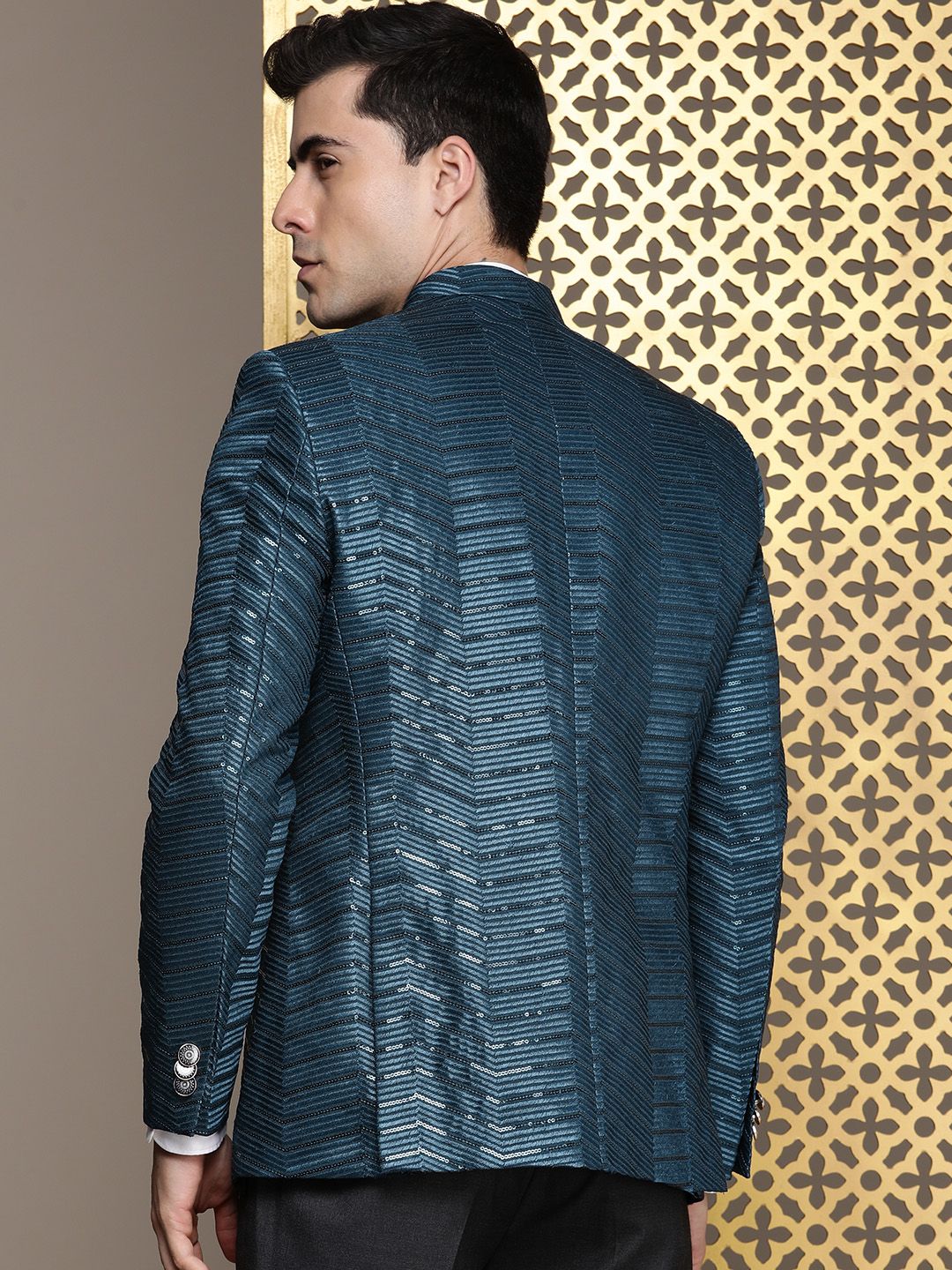 House of Pataudi Jashn Mandarin Collar Textured Sequinned Bandhgala Blazer