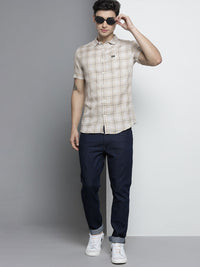 The Indian Garage Co Men Beige & White Tartan Checked Casual Shirt