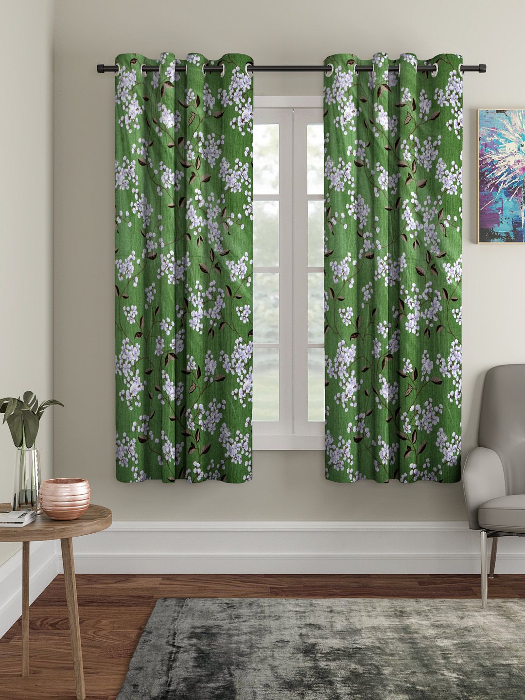 Cortina Green & White Set of 2 Floral Printed Window Curtains