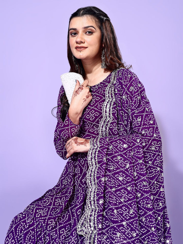 KALINI Bandhani Printed Round Neck Tiered Anarkali Kurta with Pyjama & Dupatta