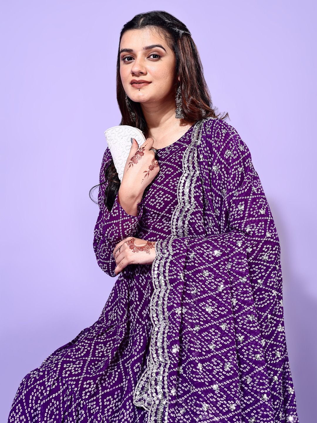 KALINI Bandhani Printed Round Neck Tiered Anarkali Kurta with Pyjama & Dupatta