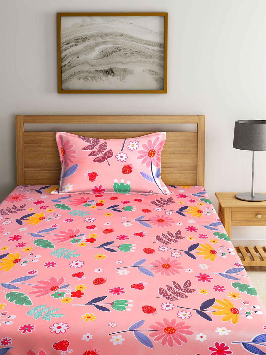 KLOTTHE White & Red Floral 300 TC 2 Single Bedsheet with 2 Pillow Covers