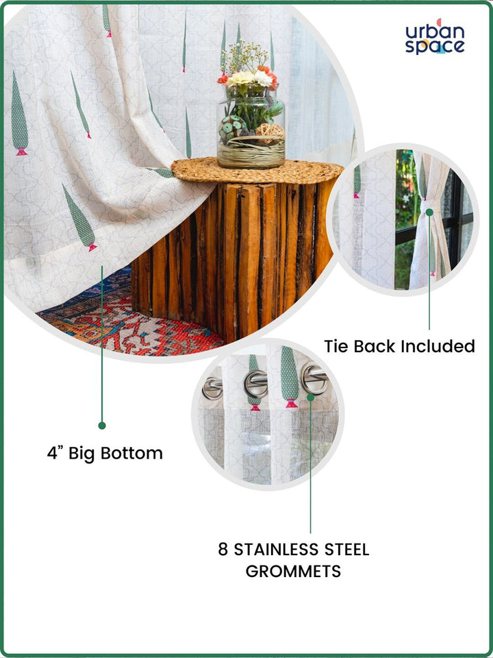 URBAN SPACE 2 Pieces White & Green Floral Sheer Door Curtain