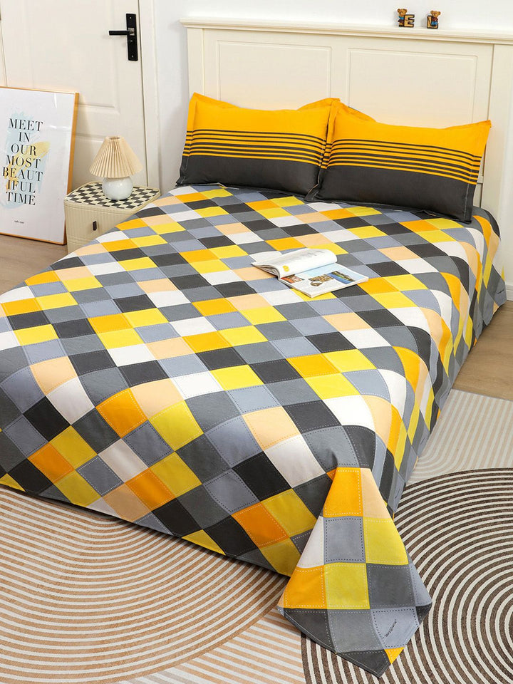 Story@home Ventura Grey Yellow Geometric 144 TC Cotton Queen Bedsheet 2 Pillow Covers