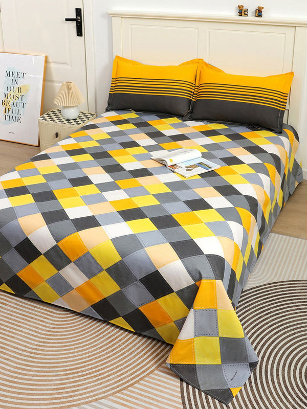 Story@home Ventura Grey Yellow Geometric 144 TC Cotton Queen Bedsheet 2 Pillow Covers