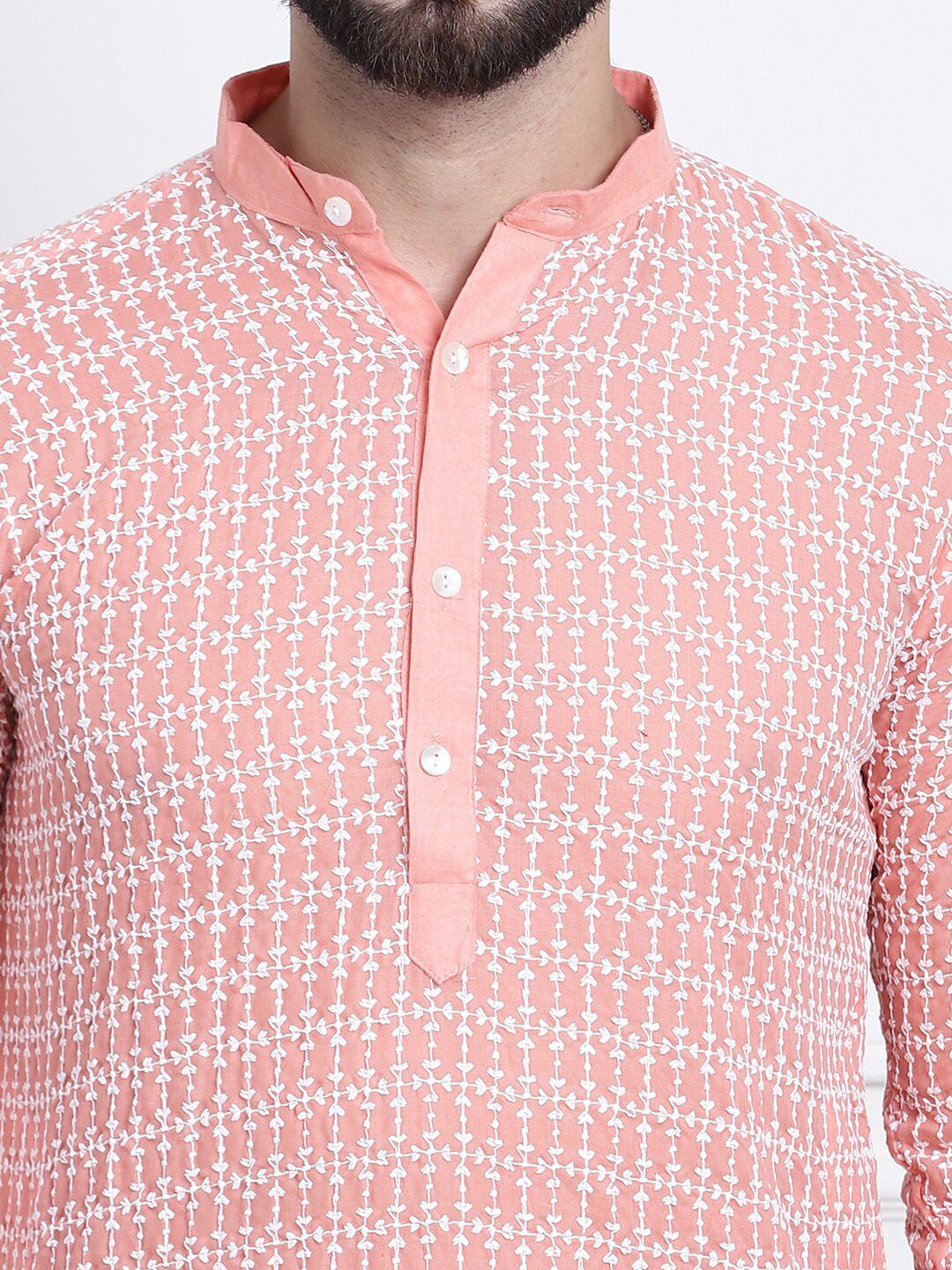 SOJANYA Kolar Mandarin Sulam Bunga Pure Cotton Kurta Lurus