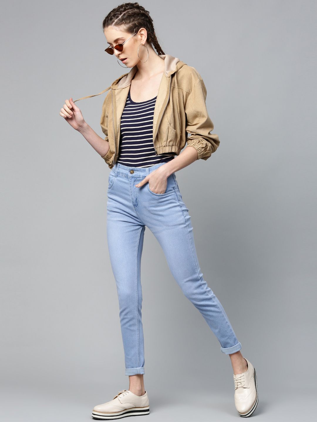 SASSAFRAS Women Beige Solid Corduroy Cropped Bomber Jacket