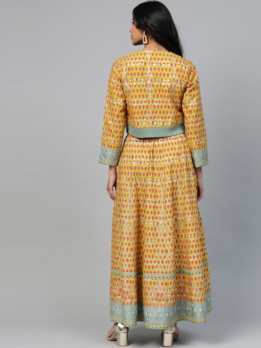 W Women Mustard Yellow & Red Sustainable Printed Top with Skirt