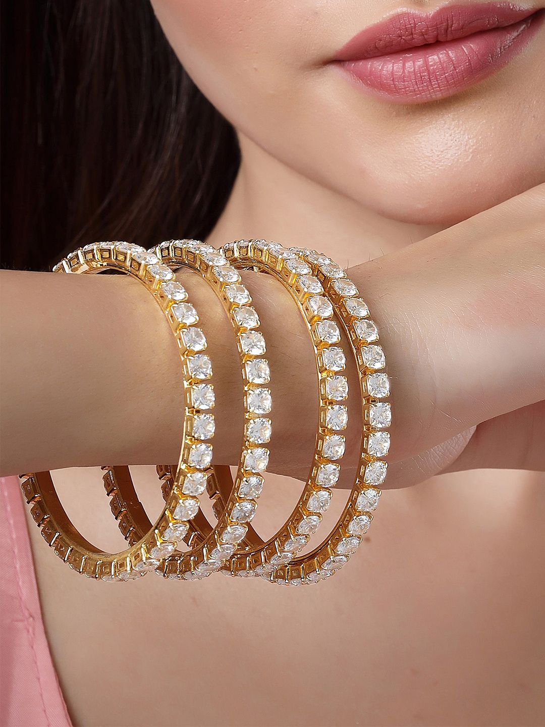 KARATCART Set Of 4 Gold-Plated AD-Studded Bangles