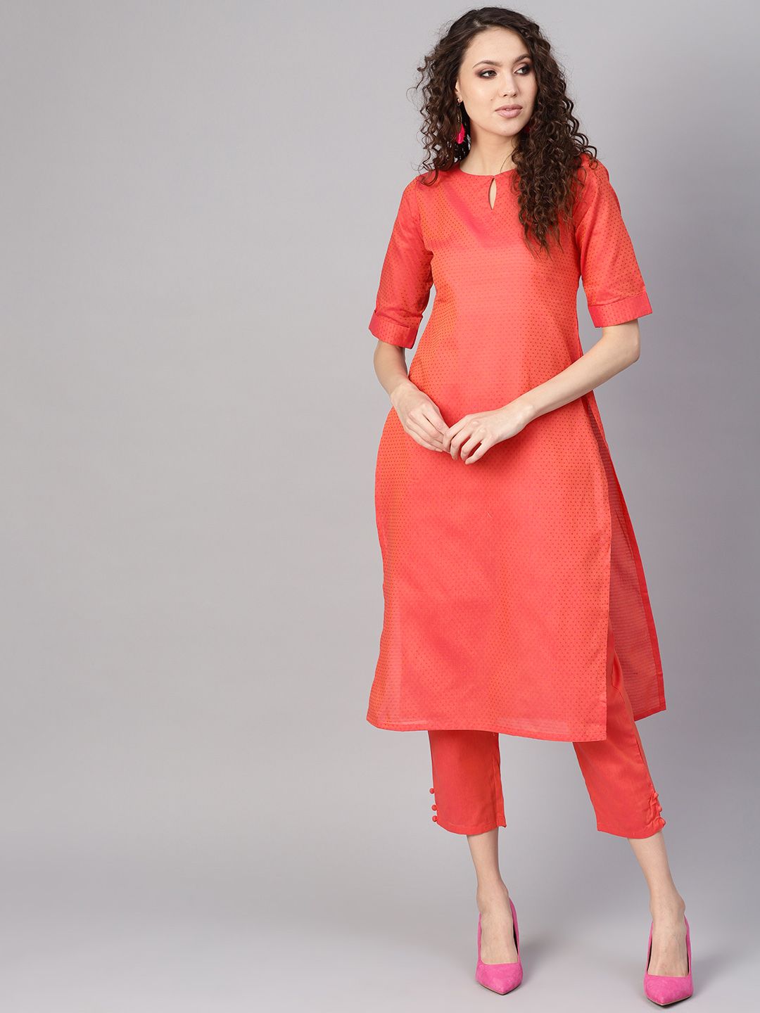 Gerua By Libas Women Coral Red  Pink Self Design Kurta with Trousers