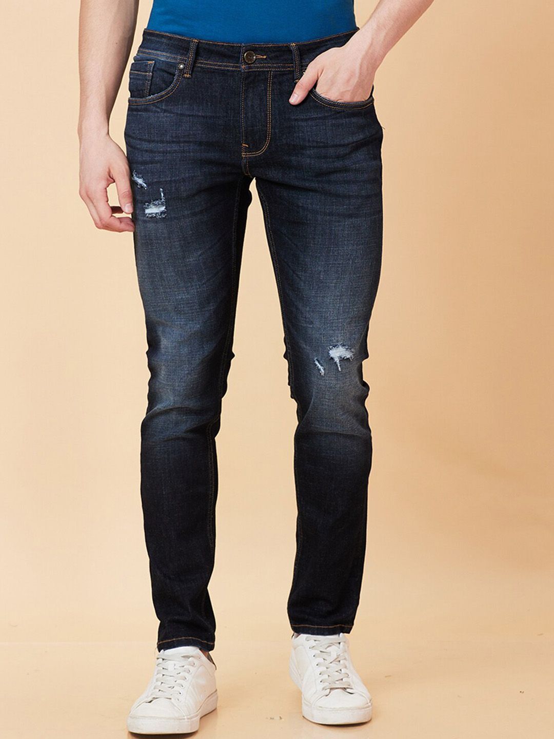 Being Human Men Skinny Fit Mid Rise Low Distress Light Fade Jeans