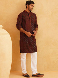 SOJANYA Geometric Embroidered Mandarin Collar Thread Work Pure Cotton Kurta with Churidar