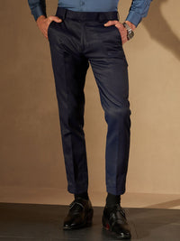 DENNISON Men Navy Blue Smart Tapered Fit Self Design Regular Trousers