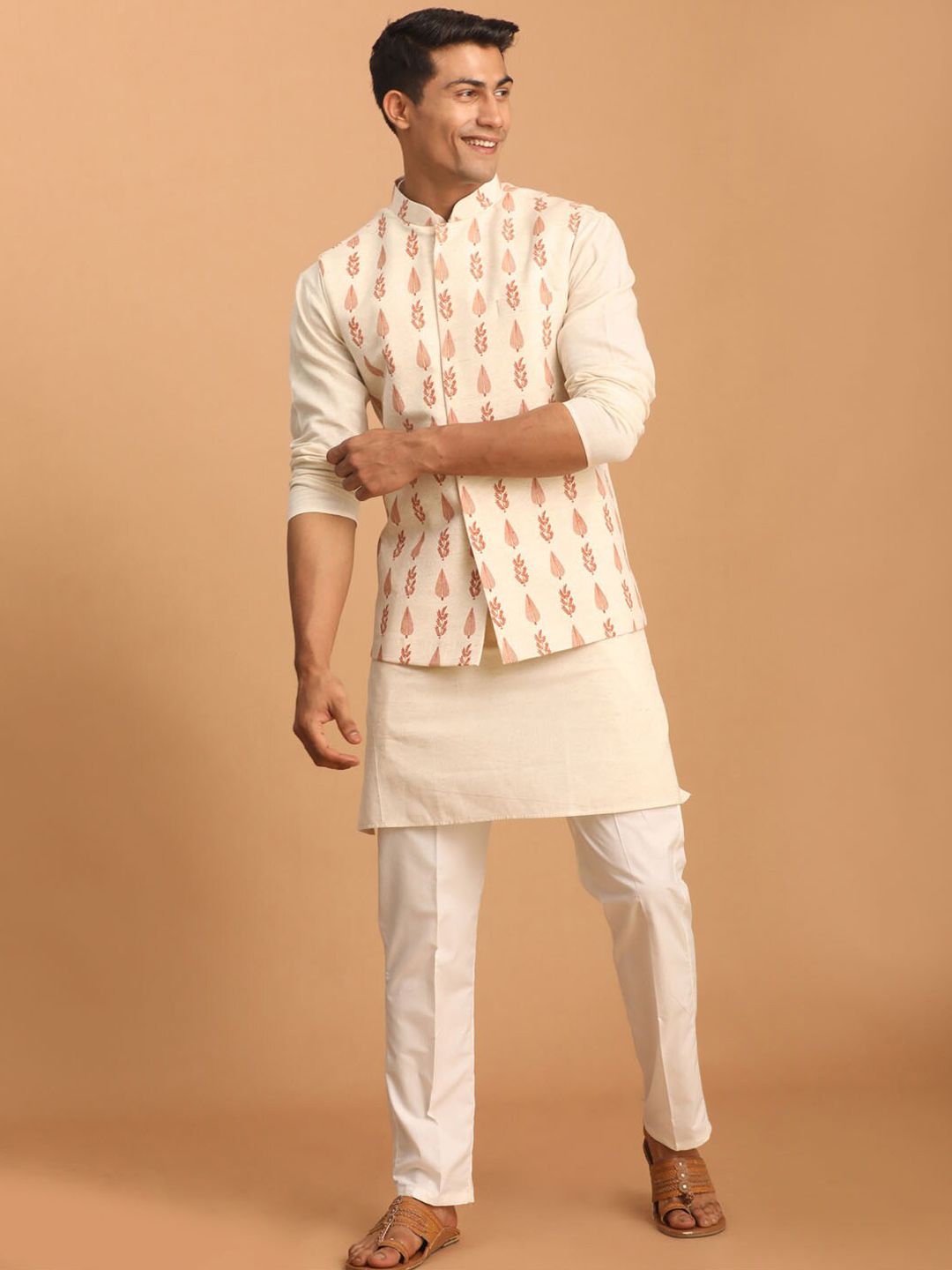 VASTRAMAY Mandarin Collar Regular Pure Cotton Sustainable Kurta With Pyjamas & Nehru Jacket