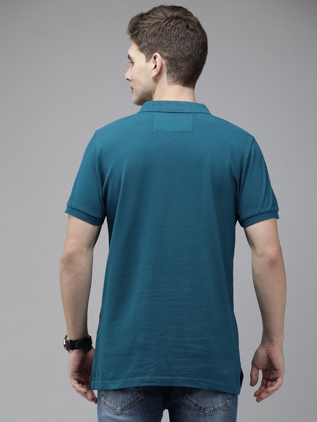 THE BEAR HOUSE Men Teal Blue Polo Collar Slim Fit Cotton Pure Cotton T-shirt