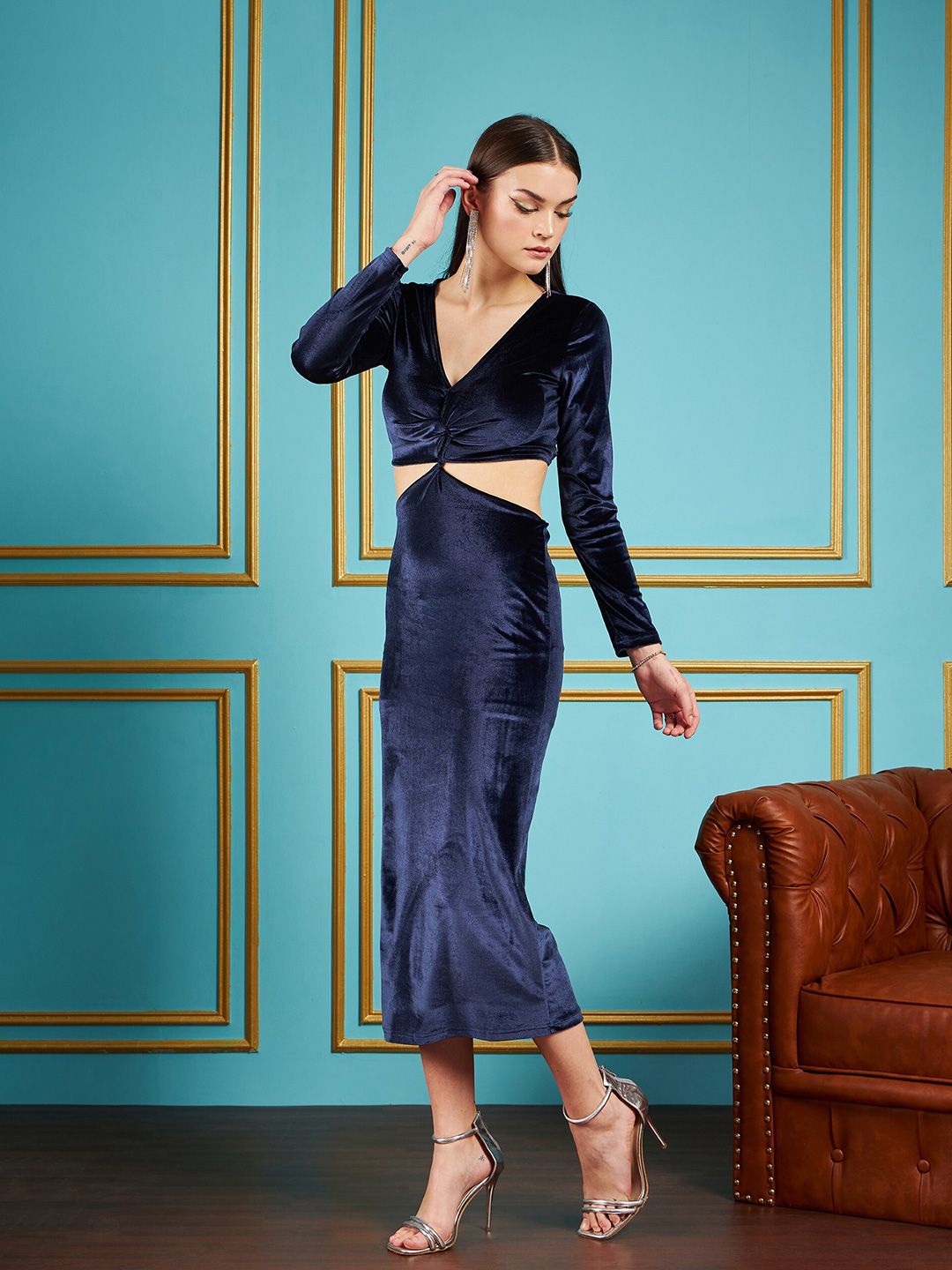 SASSAFRAS Navy Blue V-Neck Cut-Out Detail Velvet Sheath Dress