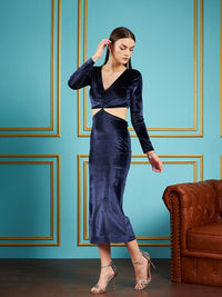 SASSAFRAS Navy Blue V-Neck Cut-Out Detail Velvet Sheath Dress