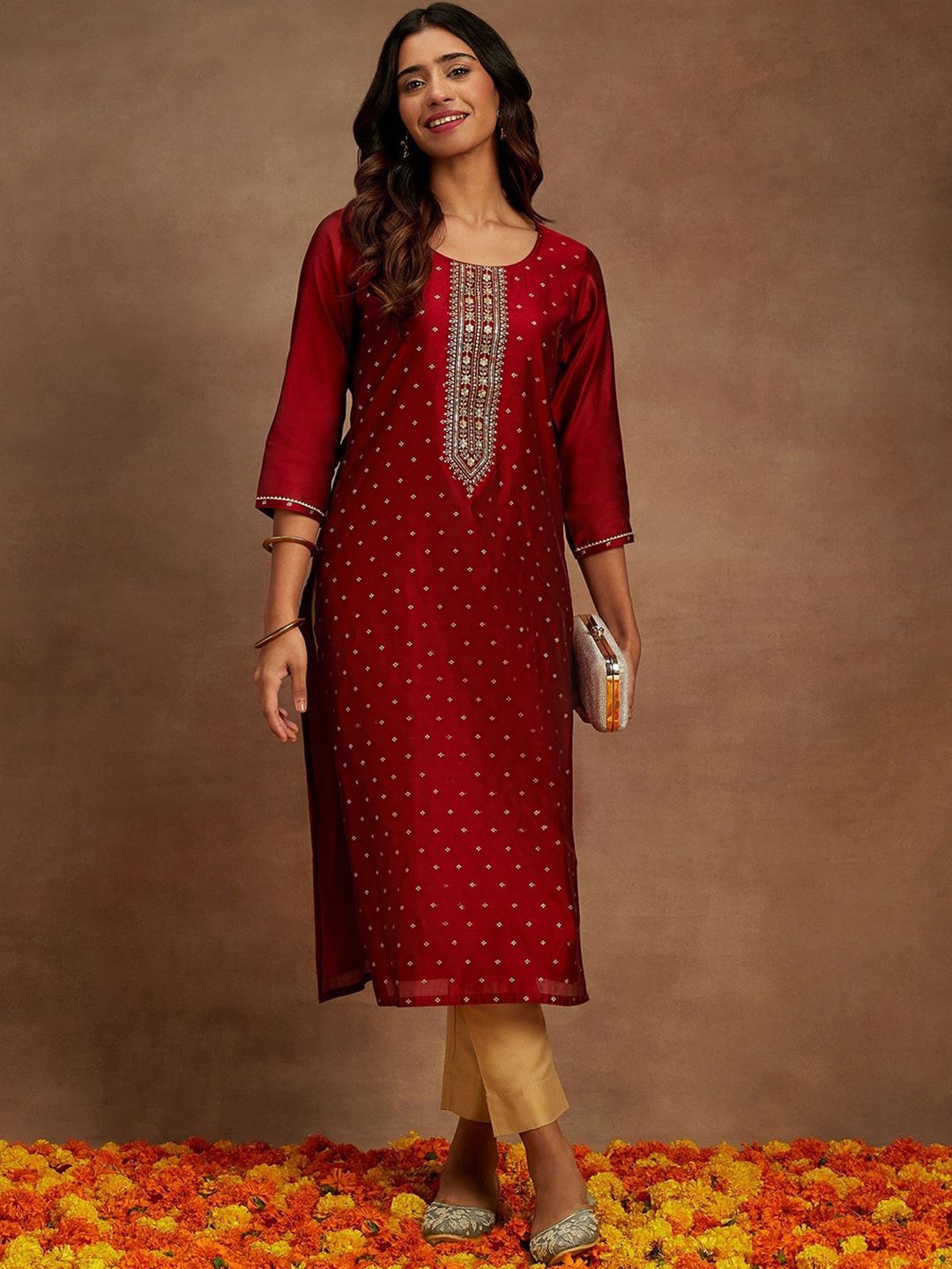 Libas Ethnic Motifs Woven Design Thread Work Detail Chanderi Silk Straight Kurta