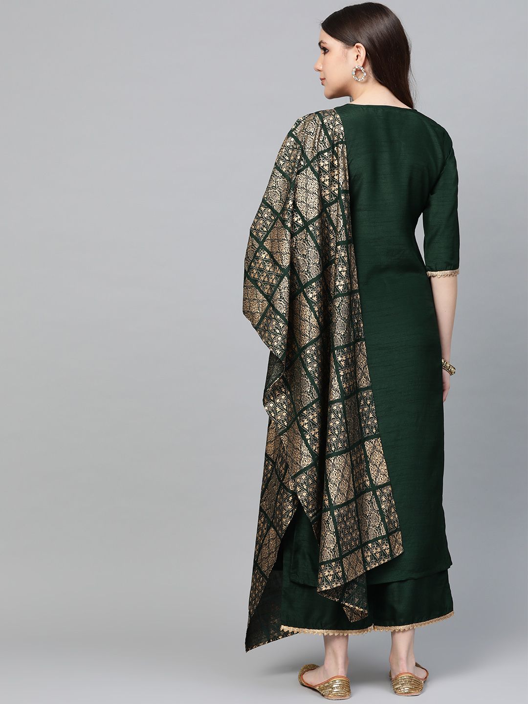Libas Hunter Green Gotta Chanderi Kurta Set with Festive Traditional Stole