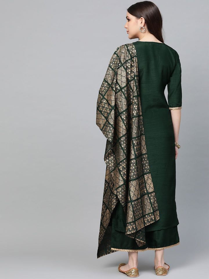 Libas Hunter Green Gotta Chanderi Kurta Set with Festive Traditional Stole