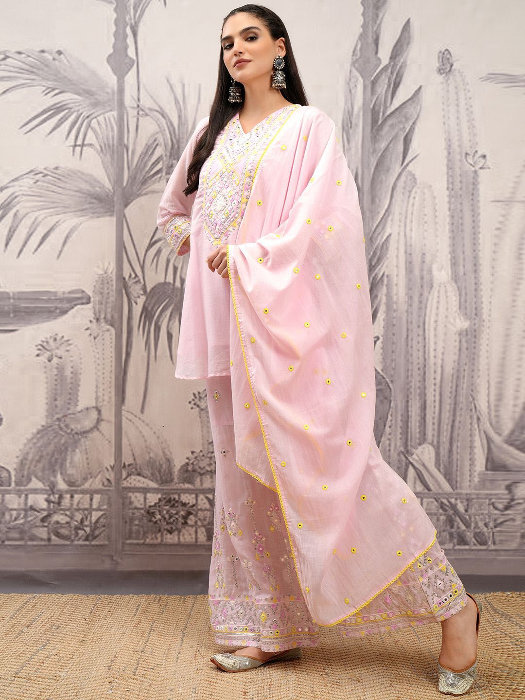Vishudh Ethnic Motifs Embroidered Pure Cotton Straight Kurta & Sharara With Dupatta