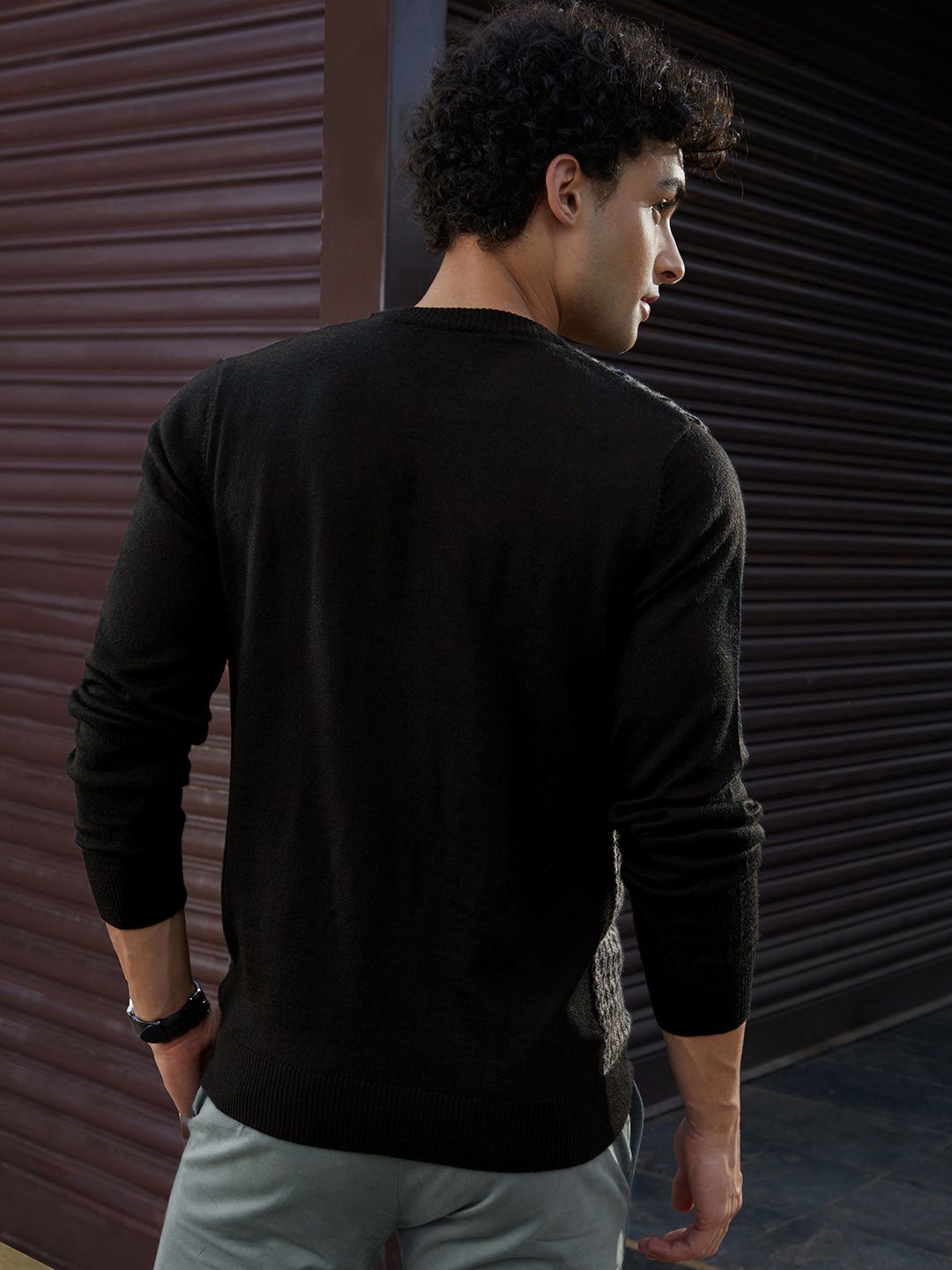 Raymond Men Black & Grey Self-Design Round-Neck Pullover Sweater