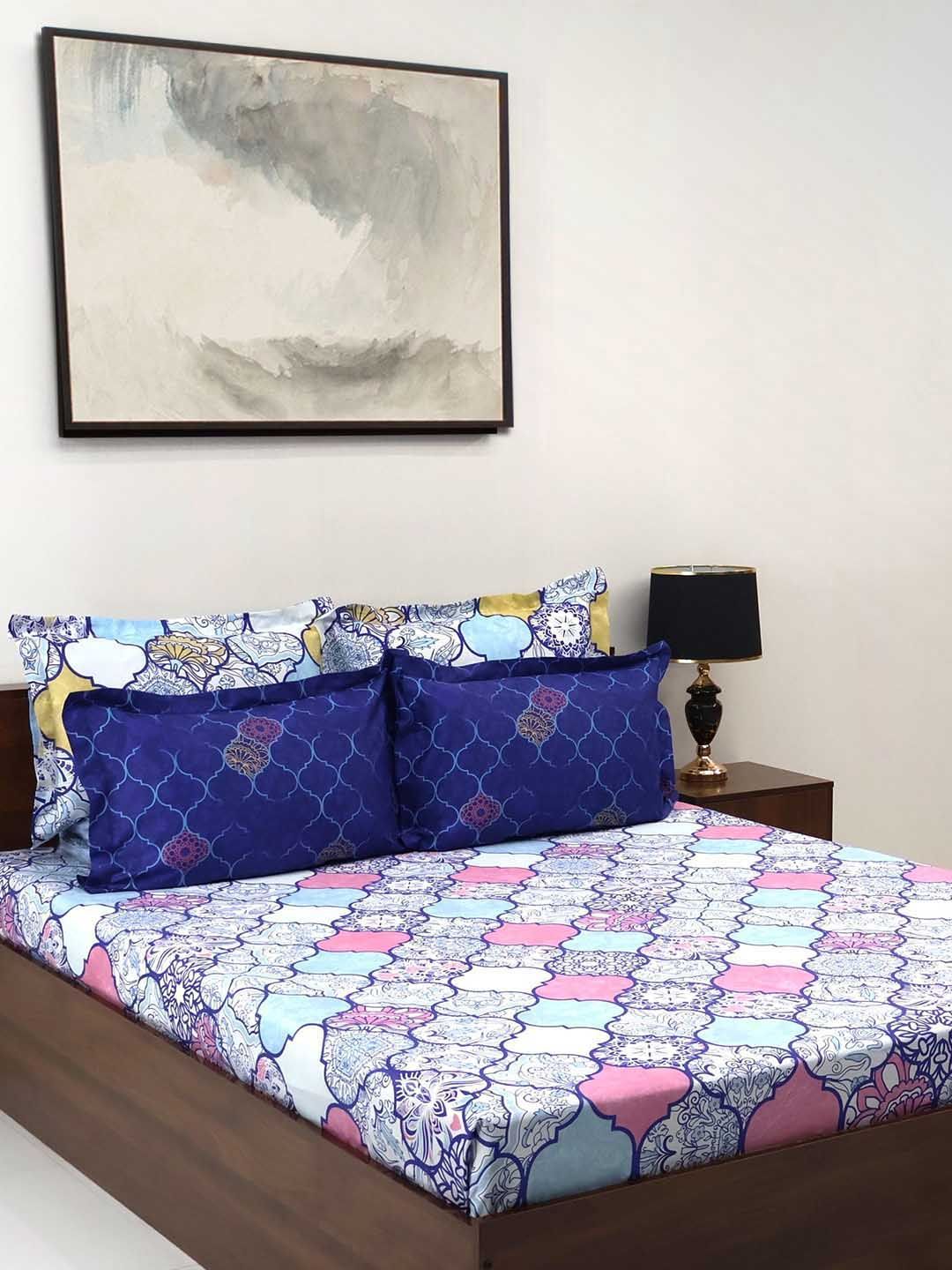 Bombay Dyeing Celebrating India Blue Print 300TC Cotton King Bedsheet & 4 Pillow Cover
