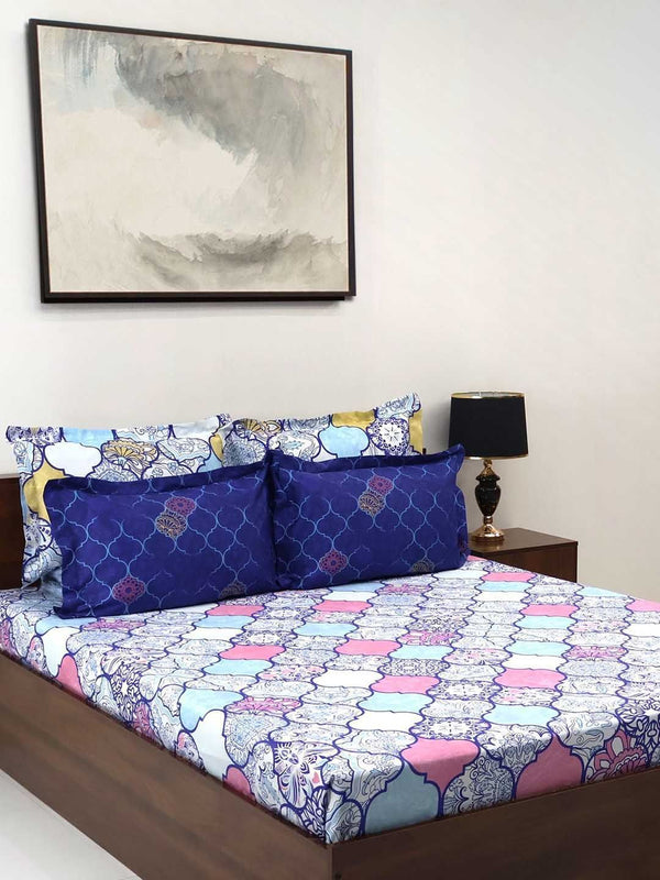 Bombay Dyeing Celebrating India Blue Print 300TC Cotton King Bedsheet & 4 Pillow Cover