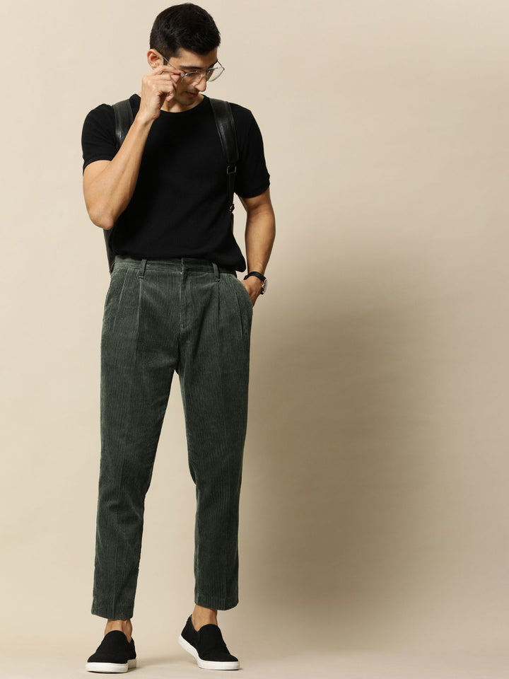 Mr Bowerbird Men Olive Green Tailored Fit Self-Striped Cropped Corduroy Regular Trousers