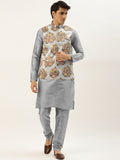 SOJANYA Men Grey Solid Kurta Set With Printed Jacket