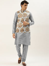 SOJANYA Men Grey Solid Kurta Set With Printed Jacket