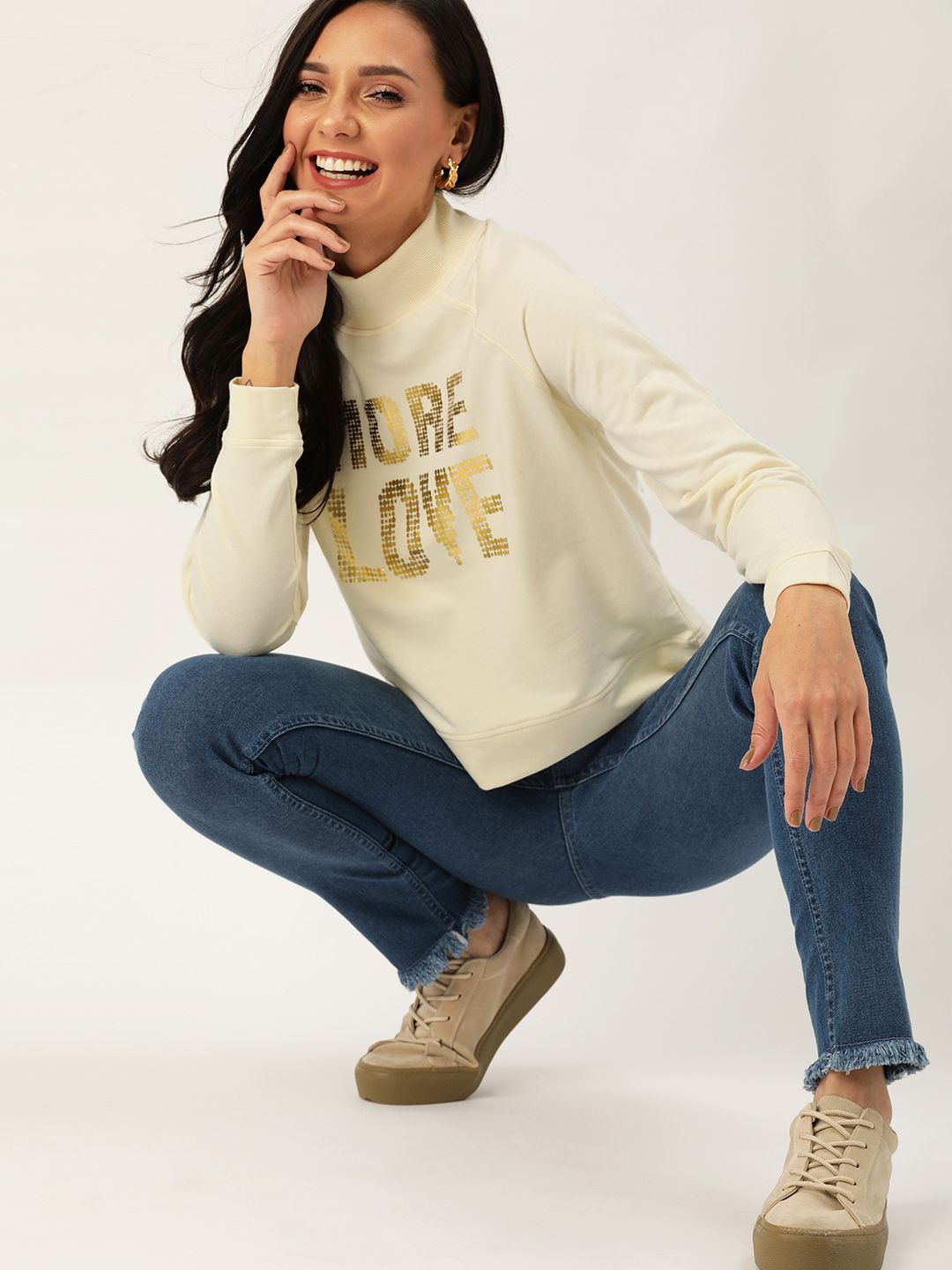 DressBerry Women Cream-Coloured & Gold-Toned Printed Sweatshirt