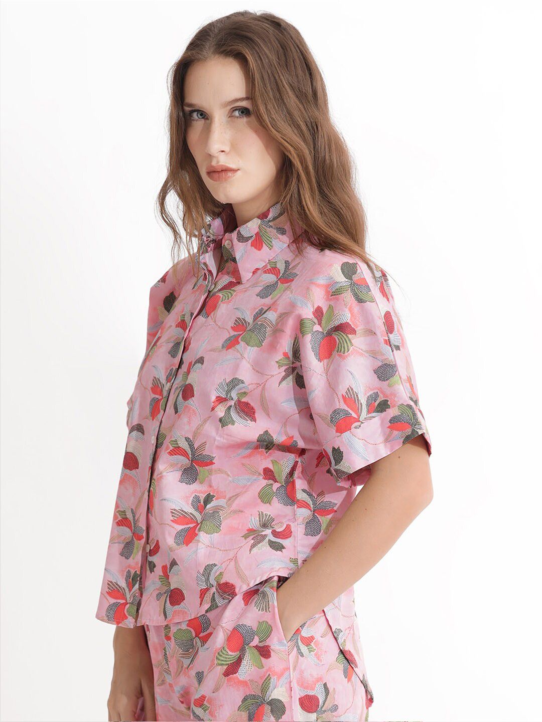RAREISM Floral Printed Shirt Styled Cotton Top