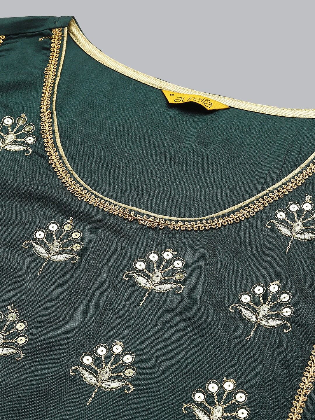 Aurelia Women Green Zari Embroidered Ethnic Liva Kurta