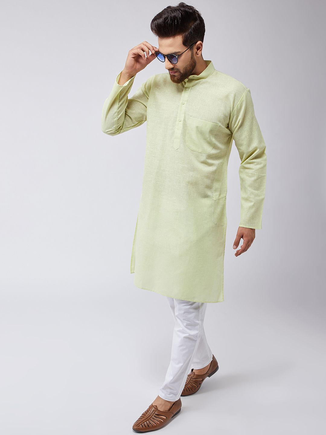 SOJANYA Men Lime Green Solid Straight Kurta