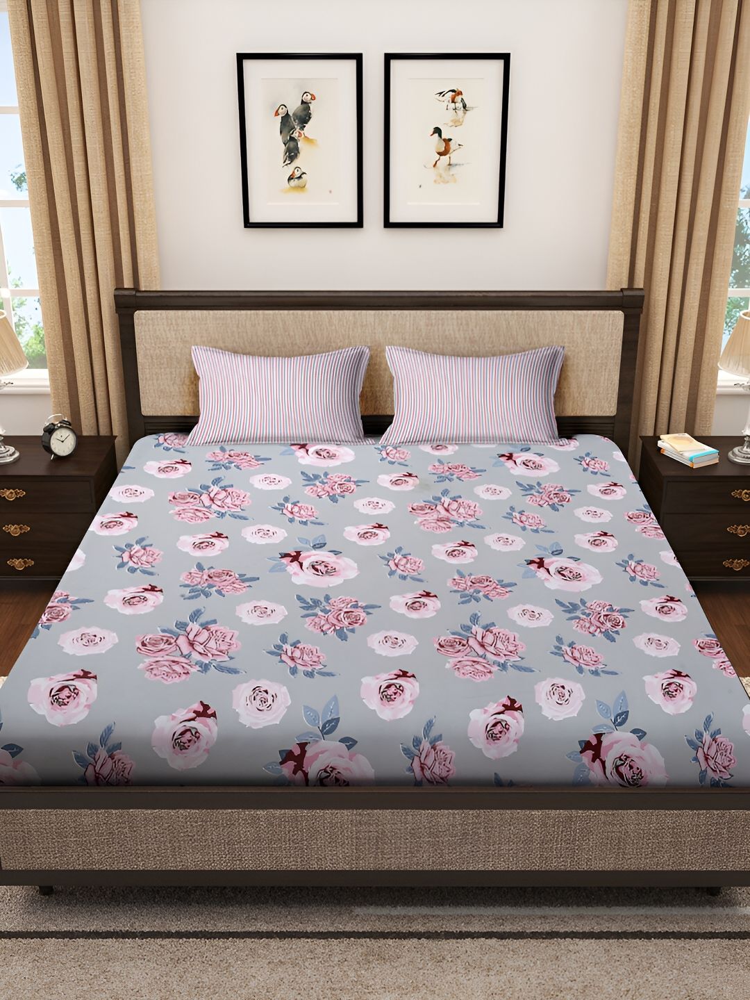 KLOTTHE Grey & Pink Floral Printed 300TC Super King Bedsheet With 2 Pillow Covers