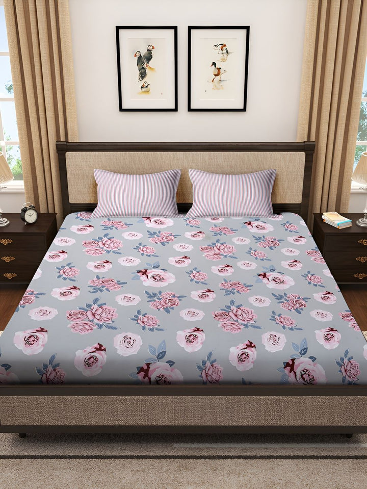 KLOTTHE Grey & Pink Floral Printed 300TC Super King Bedsheet With 2 Pillow Covers