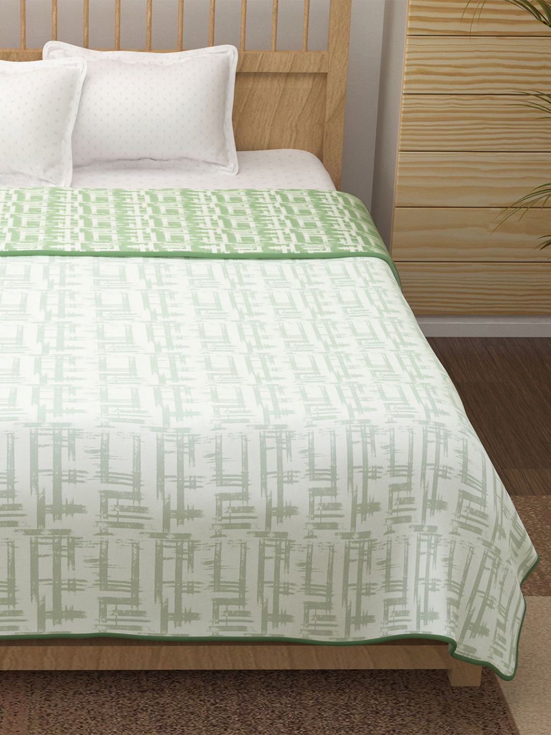 Story@home White & Green Printed AC Room 150 GSM Reversible Cotton Double Bed Dohar